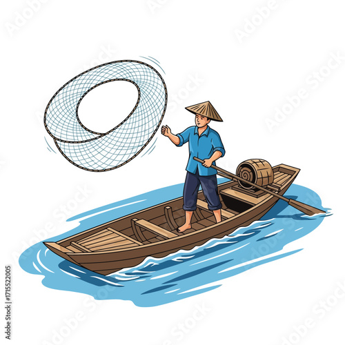 Man in a boat throwing a fishing net. He wears a conical hat and is surrounded by water.