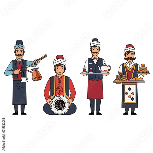 Four men in traditional Turkish clothing are depicted, serving coffee, tea, and sweets.