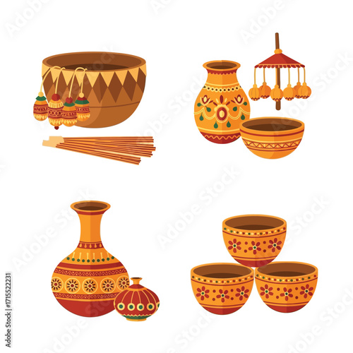 Collection of decorative pottery and incense sticks in various shapes and sizes, adorned with intricate patterns.
