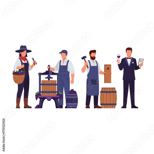 Winemaking process depicted with workers performing various tasks, from grape harvesting to barrel work and tasting.