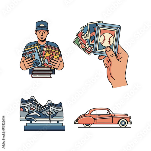 Vintage collectibles, including comic books, baseball cards, shoes, and a classic car, displayed as separate items.