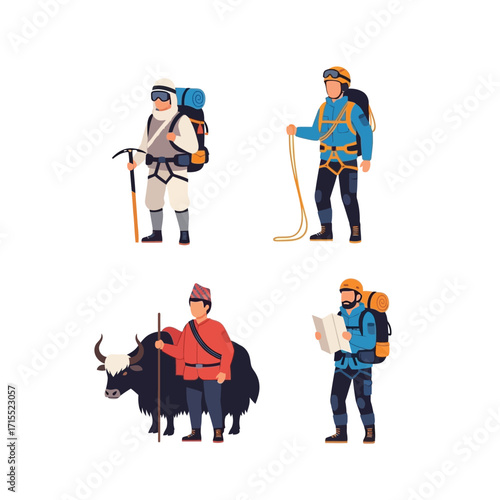 Four diverse mountaineers prepared for expeditions, including gear, attire, and a yak.