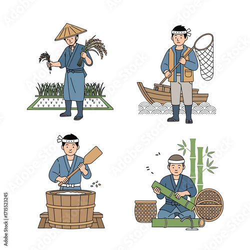 Four illustrations depict traditional Japanese farmers engaged in rice cultivation, fishing, processing, and bamboo craftwork.