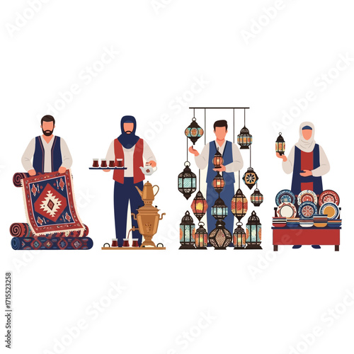 Four vendors showcasing traditional goods, including carpets, tea, lanterns, and pottery.