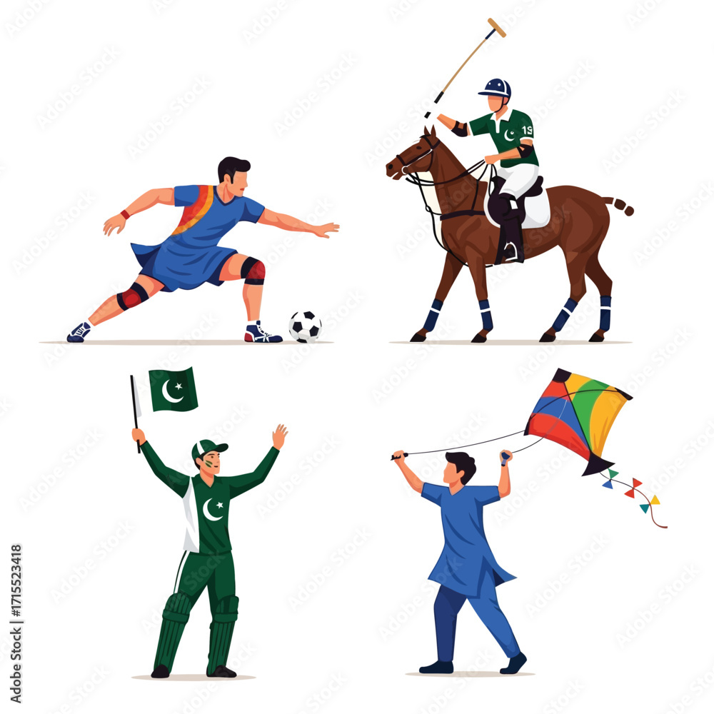 Fototapeta premium Four illustrations showcasing diverse activities, including sports and cultural elements, on a white background.