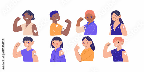Diverse group of people showing off their vaccination band aids with pride and strength