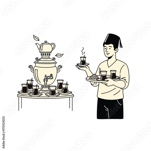 A man in traditional attire serves tea from a samovar, with teacups and snacks on a tray.