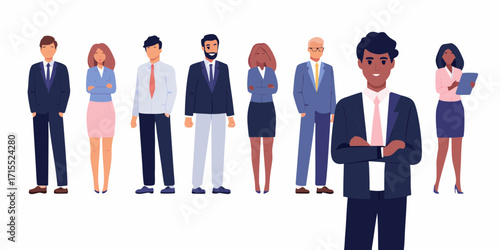 Diverse group of business professionals standing together in a line wearing formal attire
