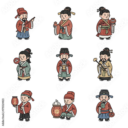 Nine stylized figures in traditional Chinese attire, holding various objects, depicting a scene of daily life or celebration.
