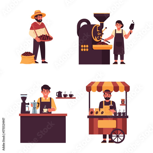 Four illustrations depicting various stages of coffee production and service, from harvesting to brewing and selling.