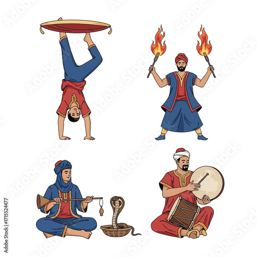 Four diverse performers in traditional Middle Eastern attire, showcasing various circus skills.