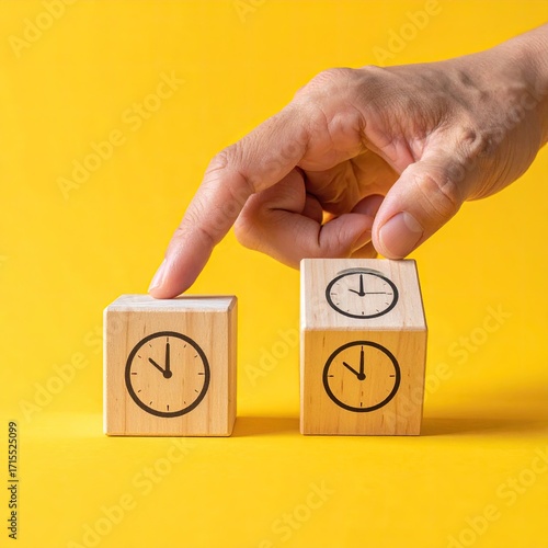 Time Management Concept: Hand Adjusting Clock Blocks on Yellow Background
