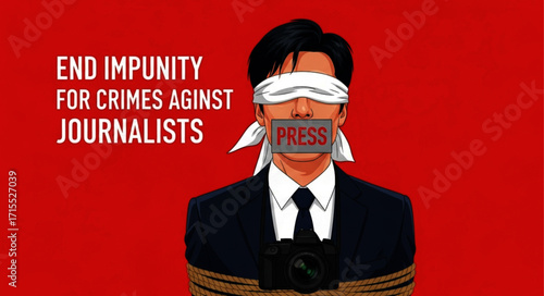 Silenced Journalist: Blindfolded Figure with Bound Hands and Muzzled Mouth