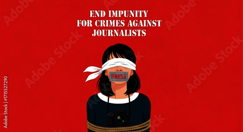 Silenced Journalist: Blindfolded Woman with Camera, Tied Hands, Red Background