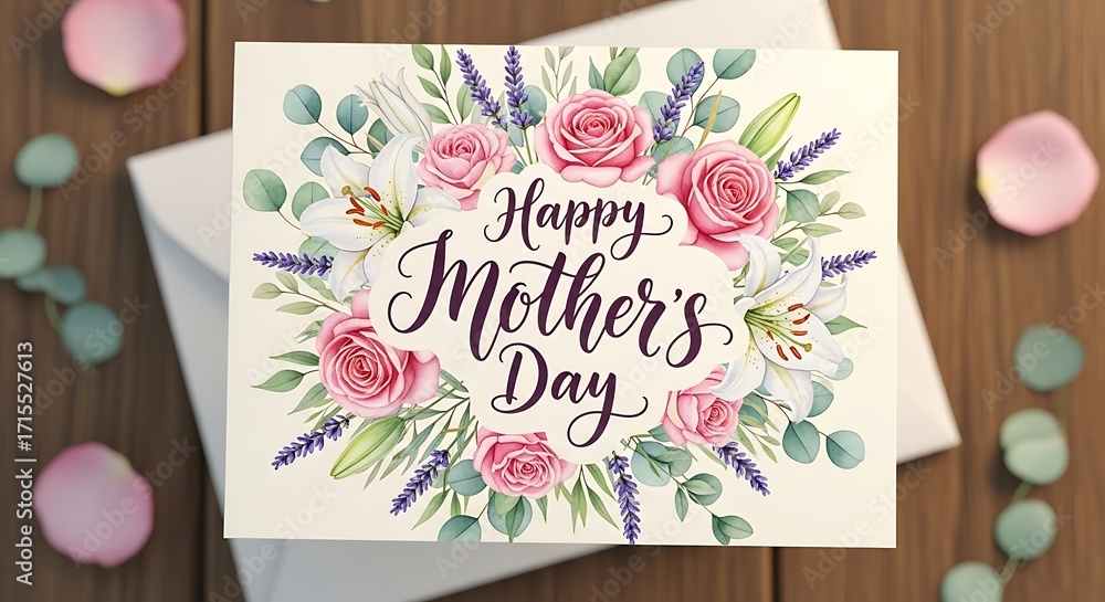 Naklejka premium A charming floral Mother's Day greeting card design features a circular arrangement of pink roses, white lilies, and purple lavender sprigs.