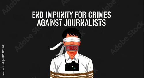 Pixelated Illustration of Blindfolded Journalist with "PRESS" and Bound, Silenced.