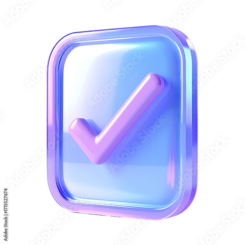 3D rendered, holographic checkmark icon in a light-blue, iridescent rectangle
