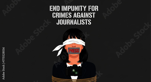 Pixelated Journalist with Blindfold and Gag, Tied with Rope, Holding Camera
