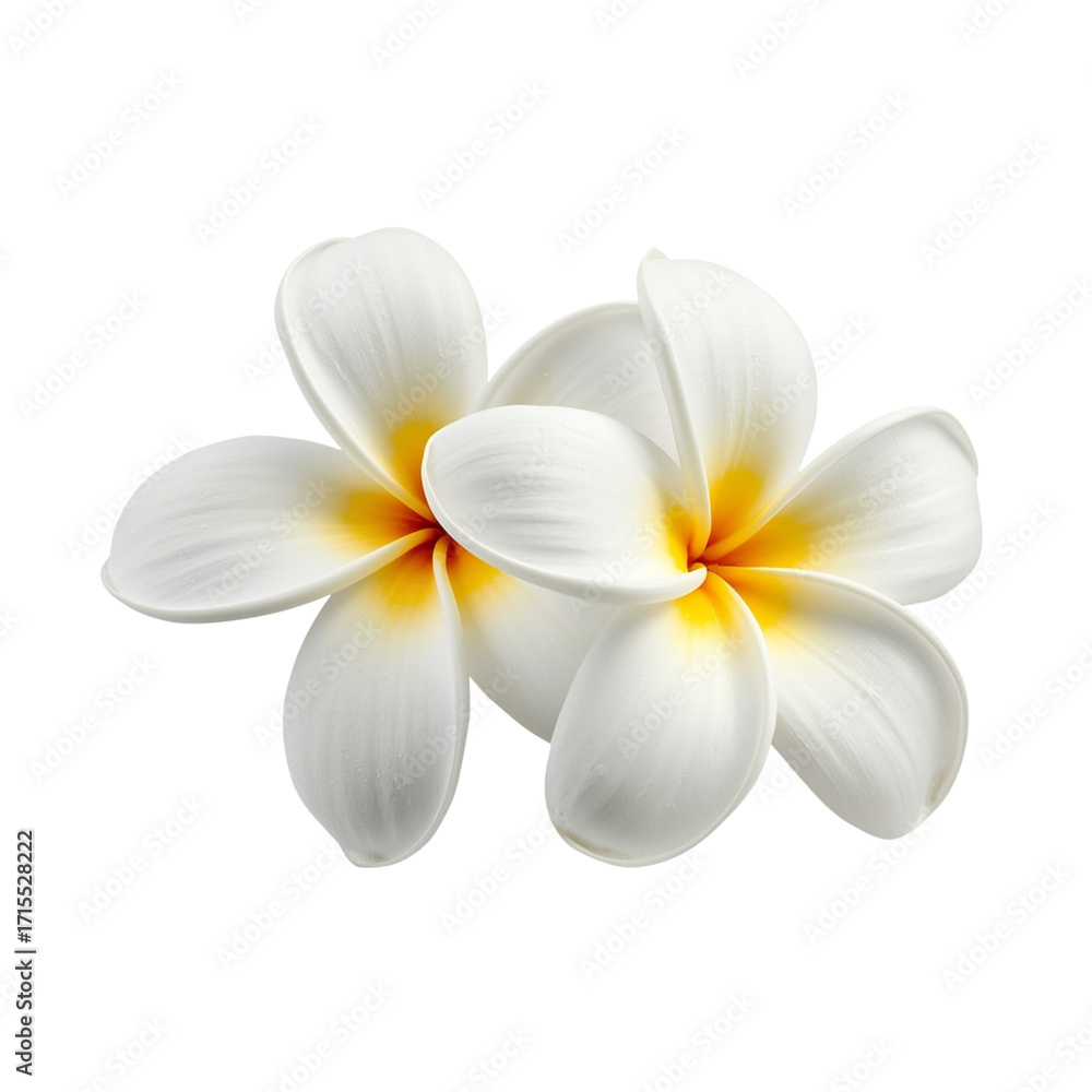Naklejka premium Foto bunga bali putih : A photorealistic, highly detailed image of two plumeria flowers, against a pure, isolated white background. The flowers are positioned closely together, slightly overlapping, 