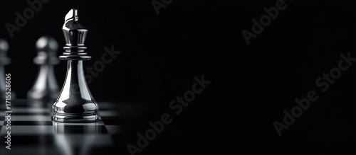 Silver chess king piece on a dark chessboard with blurred pawns in the background