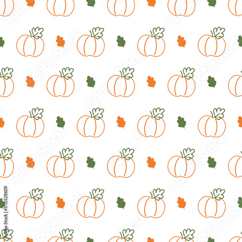 Hand Drawn Pumpkin and Leaves Fall Season Seamless. Seamless vector pattern of hand-drawn pumpkin doodles, Perfect for autumn, harvest, Thanksgiving, or seasonal nature-themed designs.