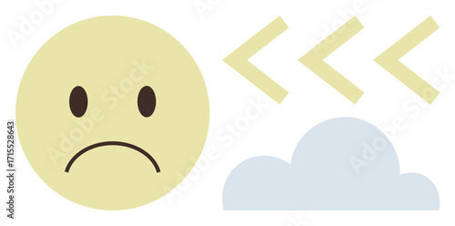 Sad face with brown eyes and curved mouth, pale cloud, and three arrows moving backward. Ideal for sadness, mental health, negativity, regret, emotional feedback introspection and mood. Simple flat
