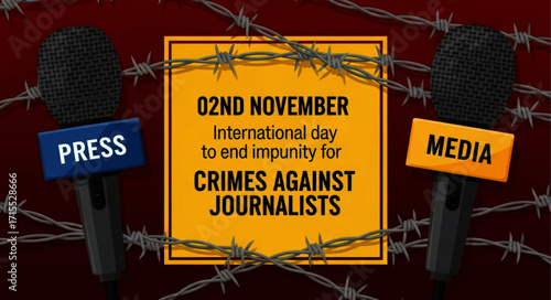 Symbolic Illustration of International Day for Crimes Against Journalists, Barbed Wire and Microphones.