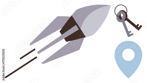 Rocket launching alongside keys and map pin highlighting growth, innovation, unlocking potential, solution-finding, entrepreneurship, direction, and success. Ideal for startup themes and a simple