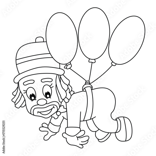 Cute cartoon hand drawn vector Clown traveling tied to balloons outline.