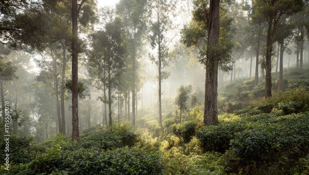 Fototapeta premium Misty dawn illuminates a hillside tea plantation, sunlight filtering through tall, slender trees creating a mystical, ethereal atmosphere. Dense foliage and soft morning mist fill the scene