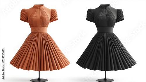 Elegant vintage inspired pleated short sleeve cocktail dresses in rich terracotta orange and classic sophisticated black