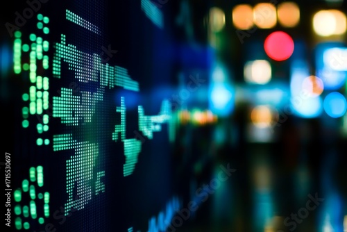 Wallpaper Mural Digital stock market display with green numerical data and blurred city lights in the background Torontodigital.ca
