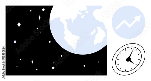 Earth surrounded by stars, growth chart signifying success, and clock symbolizing time tracking. Ideal for business, progress, time, productivity, space, innovation planning simple flat metaphor