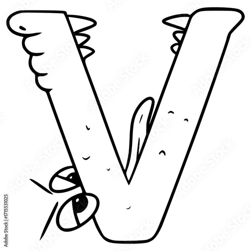 V uppercase Alphabet Character illustration hand drawn outline vector