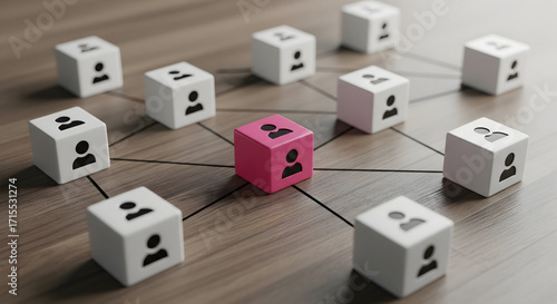 Diverse team connection network with standout leader in bright office