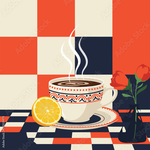 A steaming cup of coffee rests on a saucer next to a slice of lemon with roses in a vase in the background.