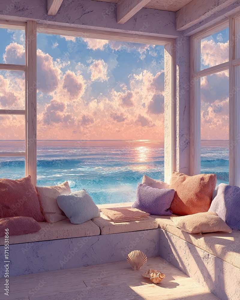 Obraz premium Coastal Living at its Finest SunDrenched Window Seat Overlooking the Ocean