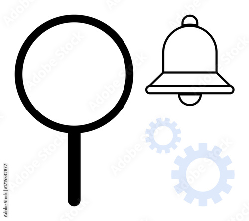 Magnifying glass, bell, and gears represent search, notifications, and settings. Ideal for user interface, productivity, organization, technology workflow app design simple flat metaphor