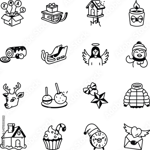 Set of Hand Drawn Christmas Holiday Icons 

