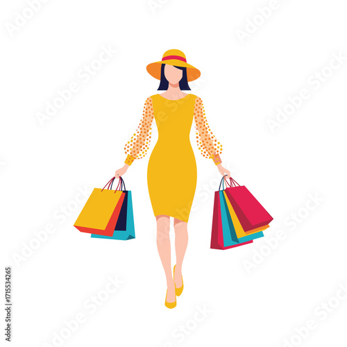Stylish woman in a yellow dress and hat holding shopping bags after a successful shopping spree.