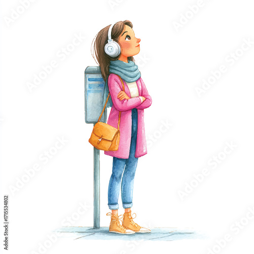 Young woman with headphones and a pink coat waiting patiently.