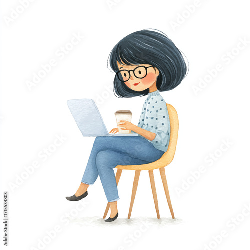 Young woman with glasses working on laptop holding coffee cup.