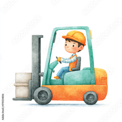 Young worker operating a forklift, moving goods in a warehouse setting.