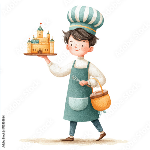 Young chef proudly presents a whimsical castle cake.