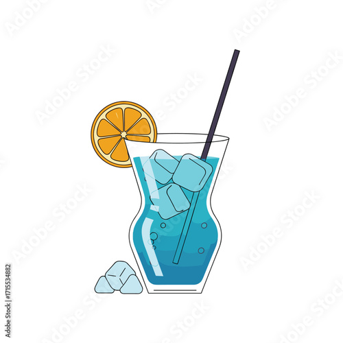 A refreshing blue cocktail served in a tall glass with ice and an orange slice garnish.