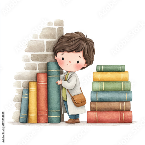 Young child embraces books near a wall, a symbol of knowledge and learning.