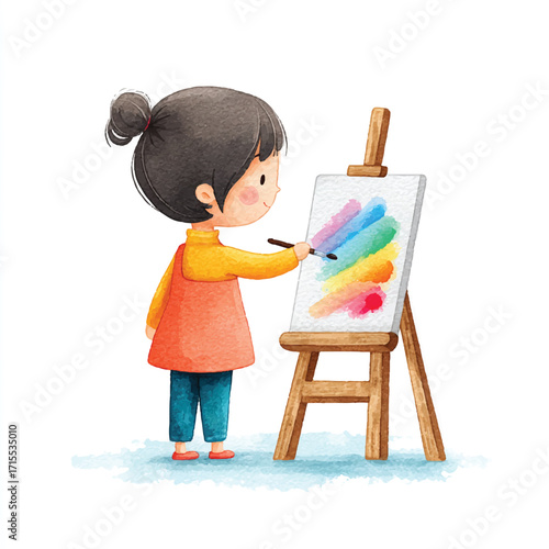 Young Girl Painting on Easel, Focused on Art.