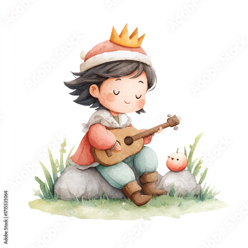 Young King Playing Ukulele in Meadow.