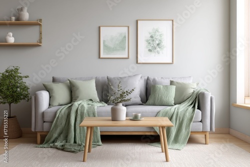 A stylish, modern living room features a gray sofa accented with sage green throw pillows and blankets, complemented by natural wood furniture and artwork.
