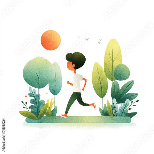 Young Person Jogging Outdoors in a Park Surrounded by Lush Greenery.